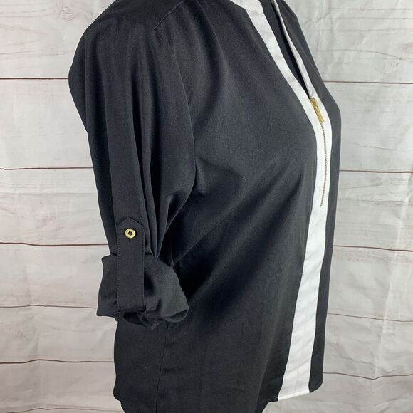 Calvin Klein XS Office Work Career Blouse Roll-up Sleeves Black White Gold Zip - Picture 9 of 16